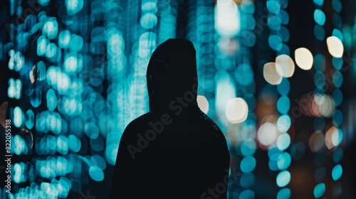 A dark and ominous figure monitors their progress on a screen desperately searching for any weaknesses that could lead to a successful attack on the fortified crypto network. photo