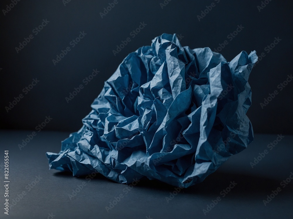 Fototapeta premium Piece of blue paper, crumpled, discarded, lies against backdrop of darkness. Interplay of light, shadow brings out intricate pattern of creases, folds. Texture of paper, emphasized by lighting.