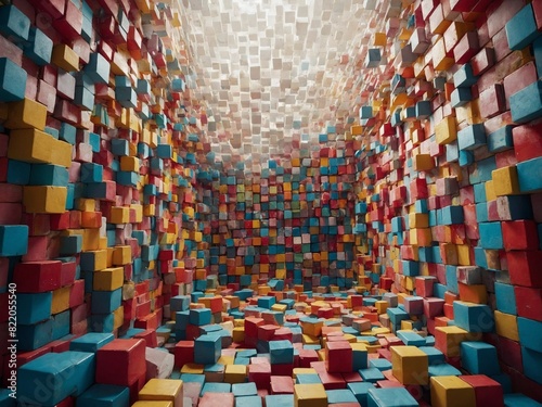 Room filled with blocks of various colors, creating vibrant atmosphere. Walls, floor, ceiling covered in these blocks, showcasing mix of red, blue, yellow, other hues. Blocks of various sizes. photo