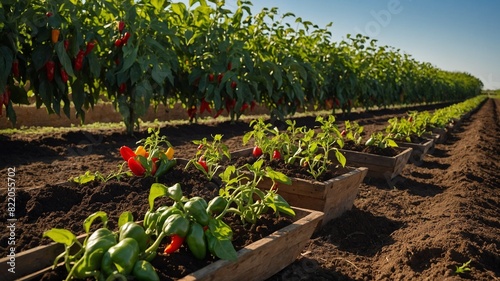 Vibrant pepper farm basks under bright sun, showcasing rows of pepper plants laden with green, red fruits. In foreground, young plants in wooden boxes stand out, their leaves lush, green. photo