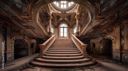 A staircase in an old building with a skylight. Suitable for architectural and interior design projects