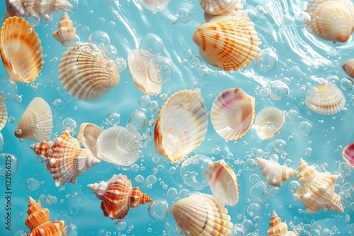 Sea shells floating in a pool of water, suitable for beach or nature themes