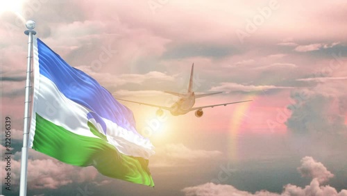 Kabardino Balkaria flag Waving Realistic With Sky Plane Takes Off At Sunrise photo