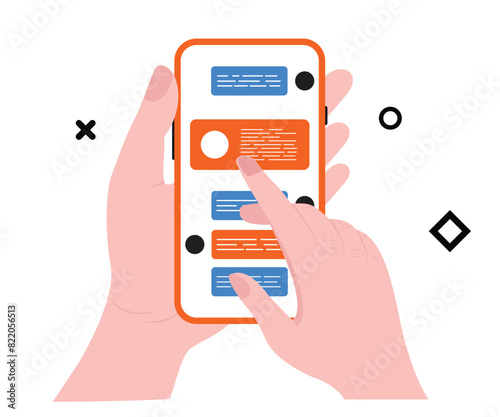 mobile icon. msg concept. Phone msg and results popping out. Male female Hand with phone, Smartphone with man female avatar