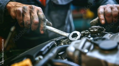 Mechanic at work in auto repair shop, fixing car engine © ffunn