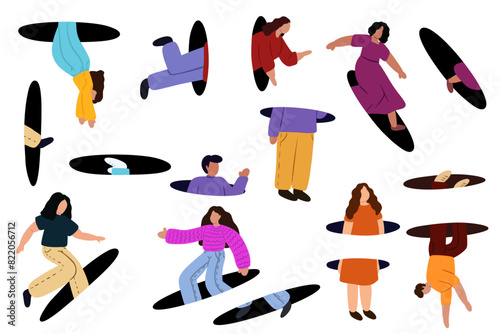 People jumping through portals, teleporting. People coming holes. Characters flying, entrance and exit. Search, explore concept. Flat graphic vector illustration EPS10