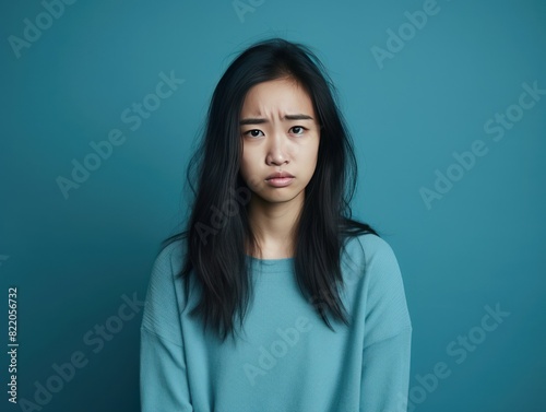 Cyan background sad Asian Woman Portrait of young beautiful bad mood expression Woman Isolated on Background depression 