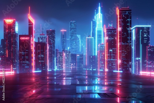 Frontal view of a seamless futuristic cityscape  glowing neon lights  CG 3D rendering  crisp and sharp details  vibrant colors  ultra-modern and sleek design  night scene