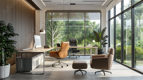 Modern office space featuring sleek furniture  expansive windows  and minimalist decor  ideal for creating a professional atmosphere for your Zoom Office Background and meetings.