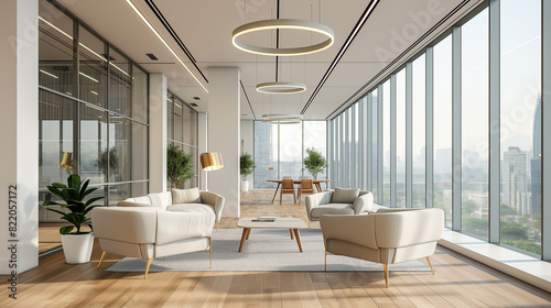 Modern office space featuring sleek furniture, expansive windows, and minimalist decor, ideal for creating a professional atmosphere for your Zoom Office Background and meetings. © logopiks