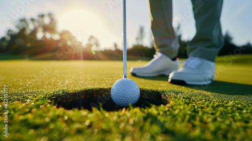 A golfer sinks a putt with precision, the ball rolling into the hole with a satisfying clink photo