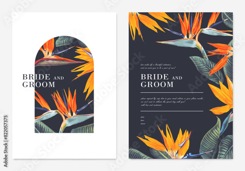 Two templates for greeting card, wedding invitation, save the date, poster or banner for social media advertising with realistic flowers Strelitzia, Bird of Paradise, Crane flower. 