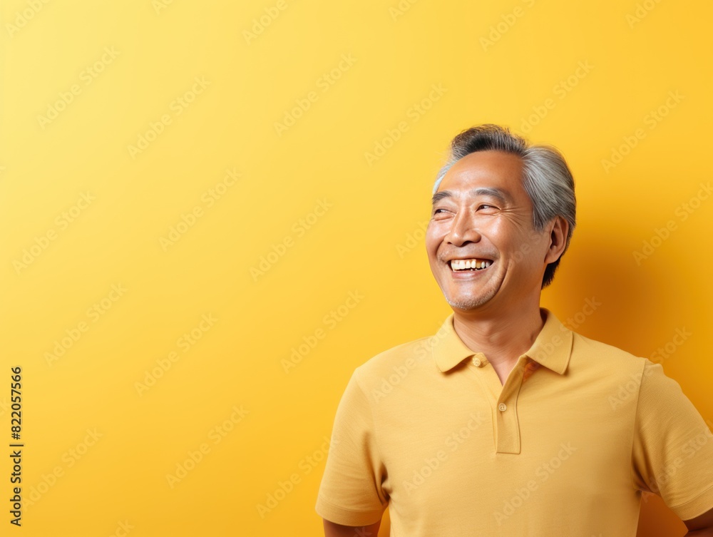 Gold Background Happy asian man. Portrait of older mid aged person beautiful Smiling boy good mood Isolated on Background ethnic diversity equality acceptance
