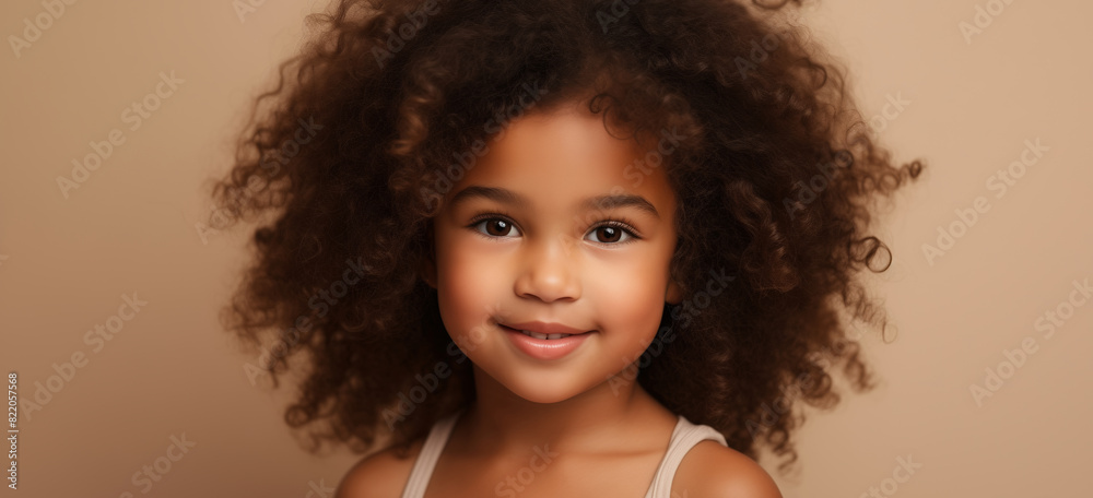 Beauty portrait African pretty little girl child looking at camera on beige background