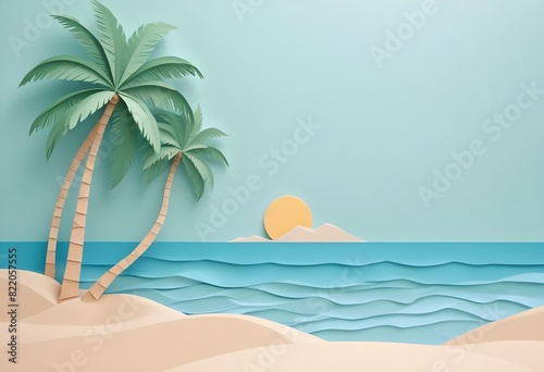 Paper art of a tropical beach. Aesthetic. Origami.  ocean  palm tree  sand  sun. illustration. 