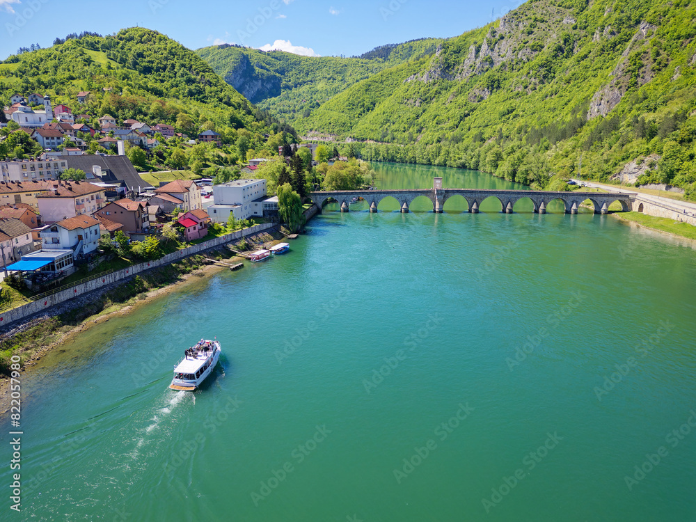View of Mehmed Pasa Sokolovic Bridge in Visegrad, Bosnia and Herzegovina. Unesco world heritage site. Bridge over the Drina river. View of Mehmed Pasa Sokolovic Bridge in Visegrad, Bosnia and Herzegovina. Unesco world heritage site. Bridge over the Drina river.