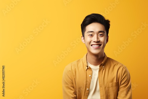 Gold Background Happy asian man realistic person portrait of young teenage beautiful Smiling boy good mood Isolated on Background ethnic diversity equality 