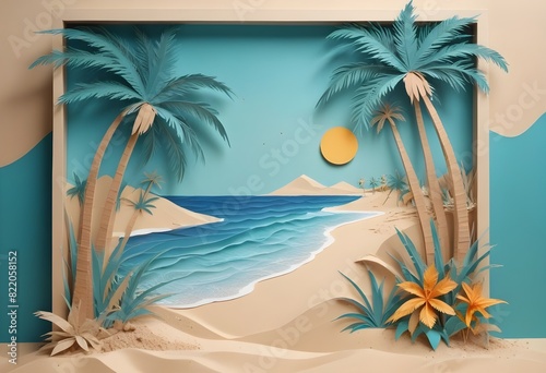 Paper art of a tropical beach. Aesthetic. Origami.  ocean  palm tree  sand  sun. illustration. 
