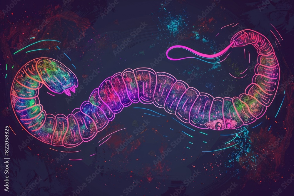 A detailed drawing of a worm on a black background. Perfect for educational materials or nature-themed designs A detailed drawing of a worm on a black background. Perfect for educational materials or nature-themed designs
