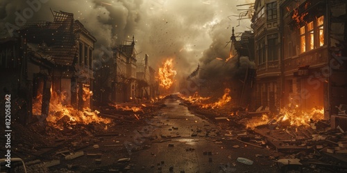 A city street filled with fire and debris  suitable for disaster or urban decay concepts