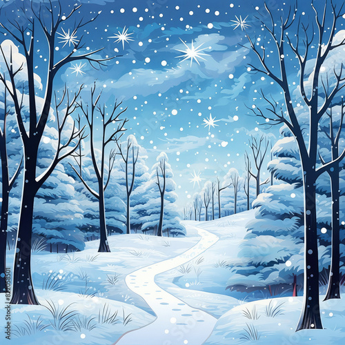 Illustration of winter forest, snowy sky, trees in snow, path