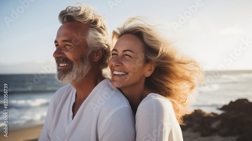 Summer portrait happy smiling mature couple together on sunny coast, enjoying beach vacation at sea © rohappy