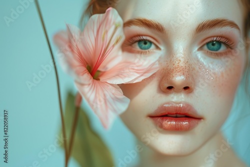 Close-up portrait of a woman with freckles holding a flower. Ideal for beauty and nature concepts