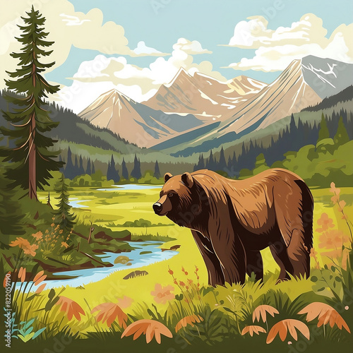 Brown bear  stands on the river bank with a beautiful view of trees and mountains