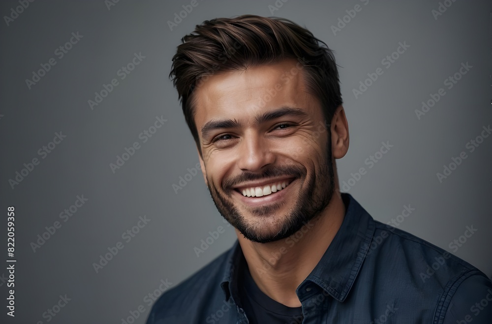 Fototapeta premium Portrait_of_a_handsome_man_smiling_against_grey_background