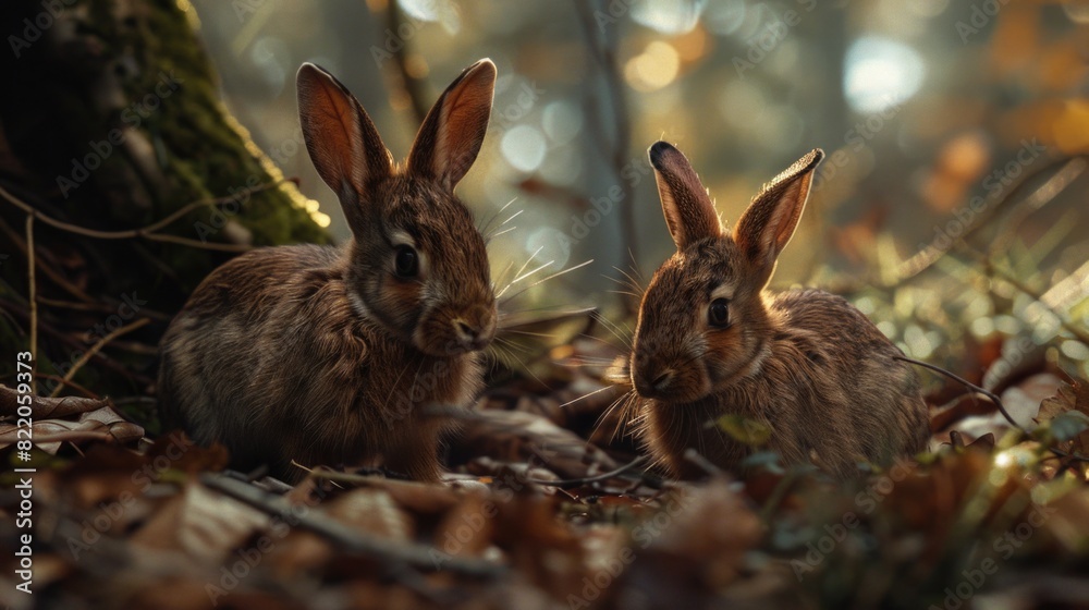 Two brown rabbits sitting together in a natural forest setting. Suitable for wildlife and nature themes Two brown rabbits sitting together in a natural forest setting. Suitable for wildlife and nature themes