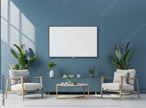 3d render of tv on cabinet in minimal blue room with white screen mock up