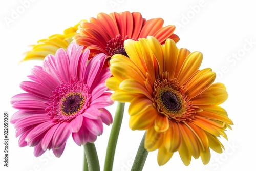 Realistic photograph of a complete Gerbera daisies solid stark white background  focused lighting