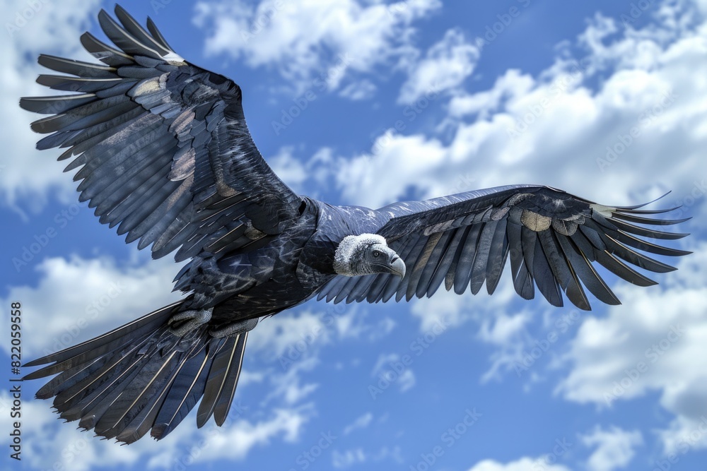 Obraz premium A large black bird soaring through a clear blue sky. Suitable for various themes
