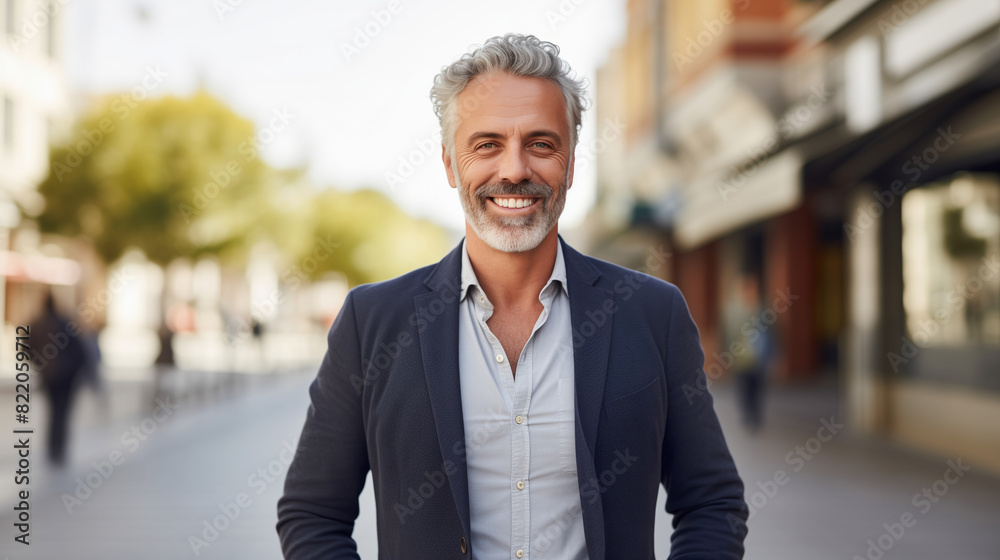 Fototapeta premium Confident happy smiling bearded mature businessman standing in the city, looking at camera