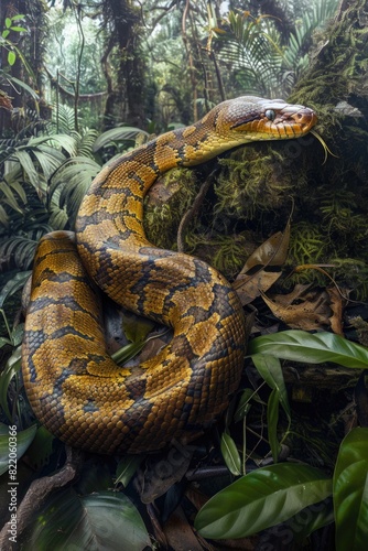 A large snake in the middle of a forest. Suitable for nature or wildlife themes