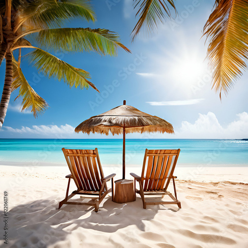 umbrella in tropical beach beautiful tranquil white and  with two beach chair blue sky tree background river 