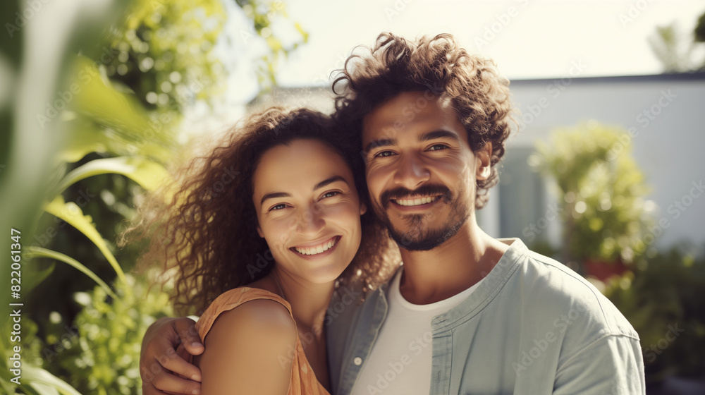 Portrait happy smiling multiethnic young couple owners in summer backyard of their own country house Portrait happy smiling multiethnic young couple owners in summer backyard of their own country house