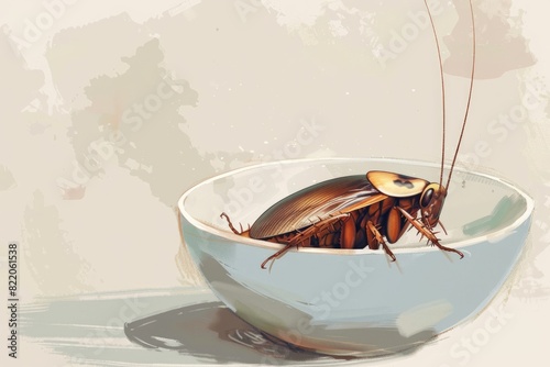 A cockroach in a bowl on a table, suitable for pest control advertisement