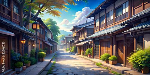 Beautiful Japanese, Asian streets. Digital painting, manga-anime style. illustration of an empty village, town