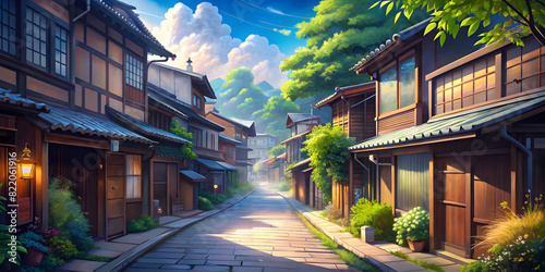 Beautiful Japanese, Asian streets. Digital painting, manga-anime style. illustration of an empty village, town