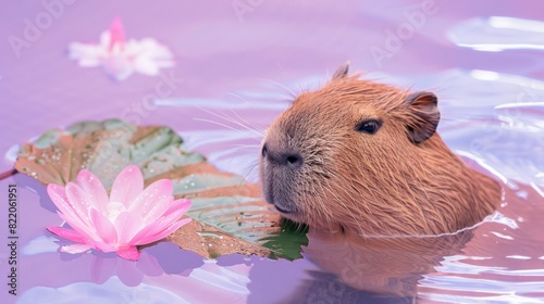 Capybara floating in water with lotus flower in background – serene nature scene with rodent and plant in water photo