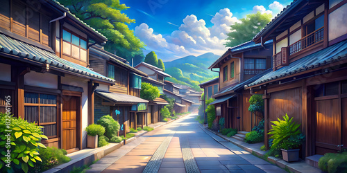 Beautiful Japanese, Asian streets. Digital painting, manga-anime style. illustration of an empty village, town