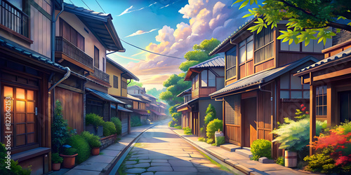 Beautiful Japanese, Asian streets. Digital painting, manga-anime style. illustration of an empty village, town