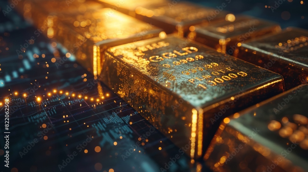 Close-up of a gold bar with engraved serial numbers and overlaying trading graphs Close-up of a gold bar with engraved serial numbers and overlaying trading graphs