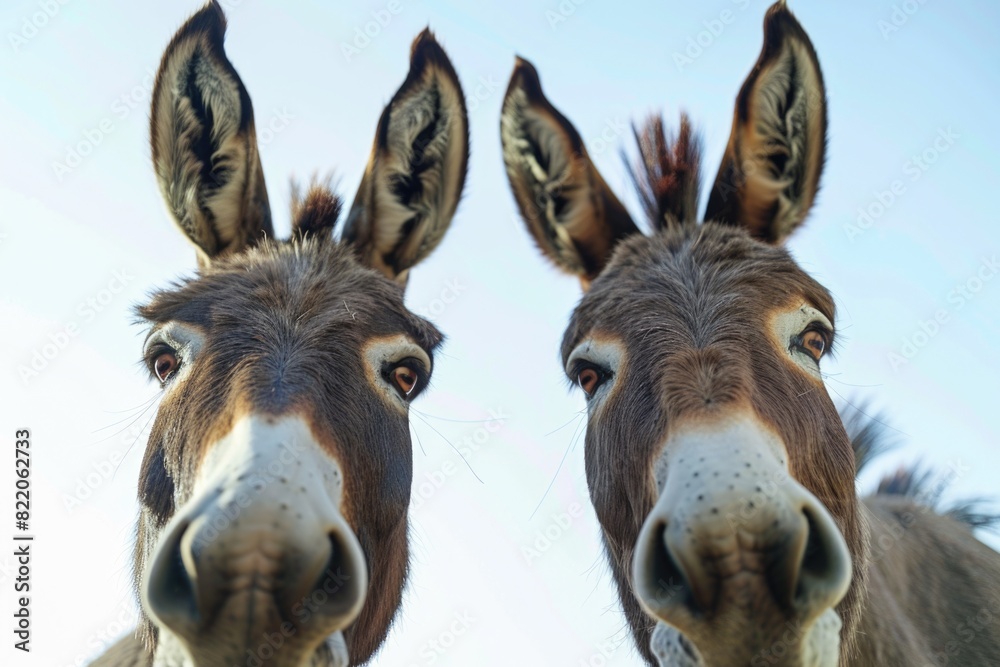 Fototapeta premium Two donkeys staring at the camera, suitable for various projects