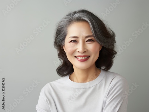 Gray Background Happy Asian Woman Portrait of Beautiful Older Mid Aged Mature Smiling Woman good mood Isolated