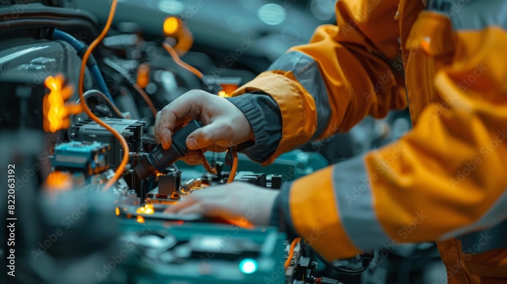 Close-up of a mechanic's hands connecting diagnostic equipment to an EV car Close-up of a mechanic's hands connecting diagnostic equipment to an EV car