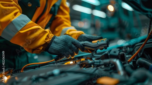 Close-up of a mechanic's hands connecting diagnostic equipment to an EV car © G.Go