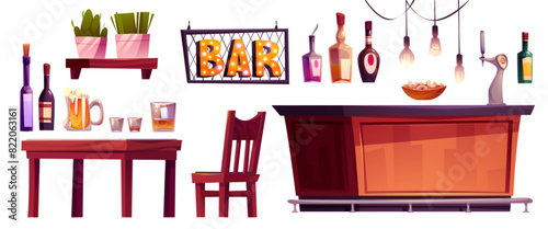 Bar counter, furniture and equipment. Cartoon vector set of pub interior objects - wooden table, chair and stand with beer dispenser, bottles and glasses with alcohol drinks, lamps and plants.