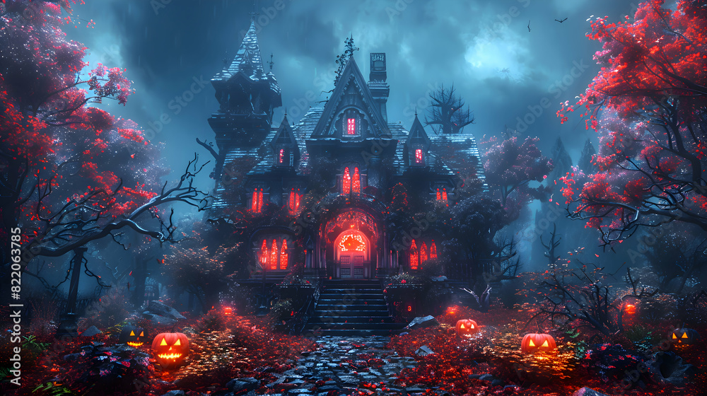 Obraz premium A haunted house surrounded by skeleton decorations on Halloween night,